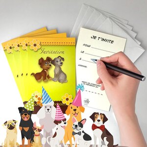Lot 5 cartes "invitation" chien chiots animaux avec 5 enveloppes blanches 9x14cm